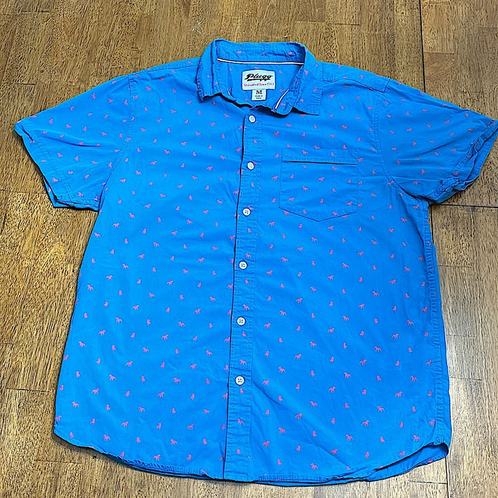 Men’s Plugg Button Up  Medium. Dog Prints. Blue and‎ Pink